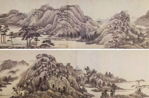 明  沈周 《仿黄公望富春山居图》 北京故宫博物院藏，画卷在数百年流传中饱经沧桑，至明成化年间，由沈周收藏。沈周自从得到这件宝贝，就爱不释手，把它挂在墙上，反复欣赏、临摹，看出画上没有名人题跋，便请朋友题跋，一朋友儿子见画得这么好就产生歹念把画偷偷卖掉，还愣说画是被人偷了。