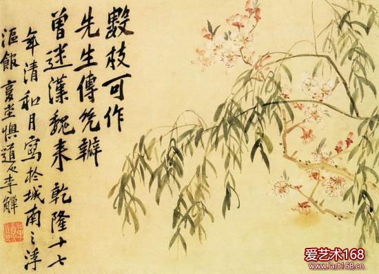 作者：李蝉，清代书画家。《桃花春柳》笔色多湿润隽秀，色彩和谐清新，笔意不落俗套。