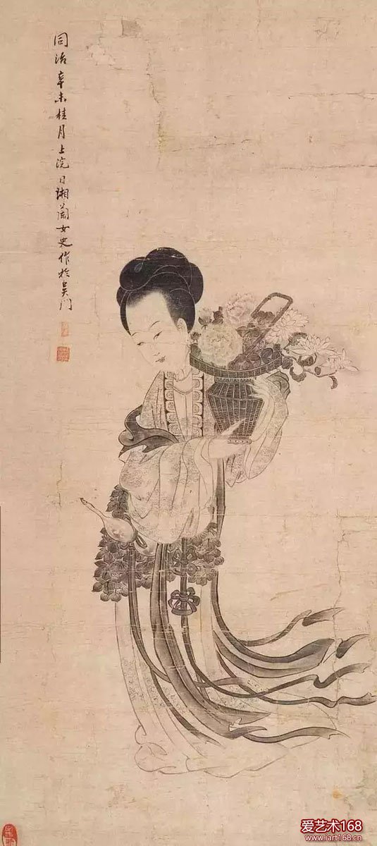 【文化典藏】马湘兰《花篮仕女图》。马氏在绘画上造诣很高，当年曹雪芹的祖父曹寅，曾接连三次为《马湘兰画兰长卷》题诗，共７句，记载在曹寅的《栋亭集》里。《历代画史汇传》中评价她的画技是“兰仿子固，竹法仲姬，俱能袭其韵”。