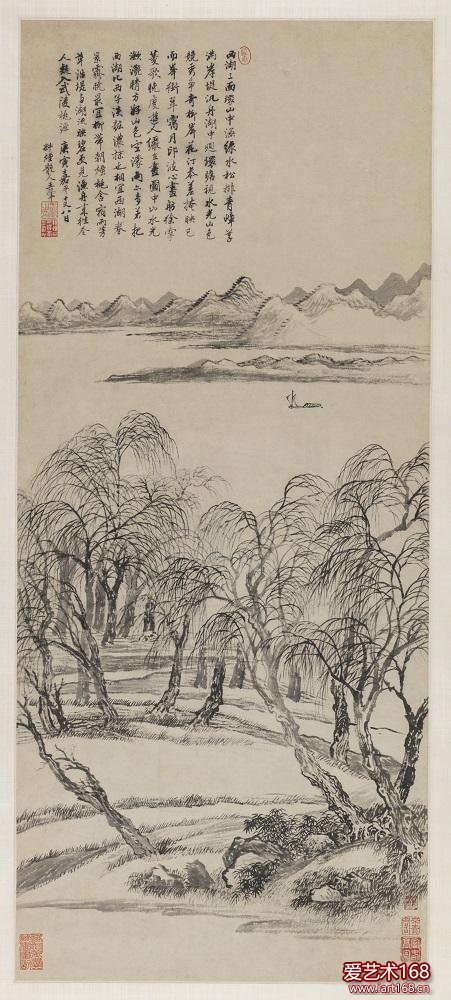 王翚 柳岸江舟图轴。“山水画”，以画家群体和地域性绘画流派为线索陈列，“四王吴恽”、“四僧”、“金陵画派”、“新安画派”诸家及浙江地区画家的绘画将得到较为充分的展示。