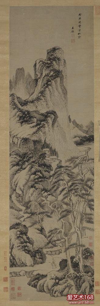 王鑑 云壑松荫图轴。“花鸟画”单元重点展示八大山人、石涛在大写意花鸟画领域的探索，及恽寿平创新发展的没骨花卉新体。而对浙江地区绘画的展示则希望帮助观众更加全面地认识这一时期的花鸟画风貌。