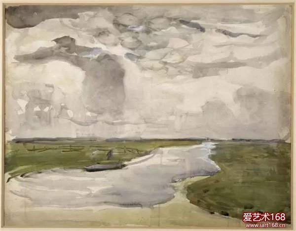 蒙德里安Meandering-Landscape-with-River，1906-07，1906-07很难想象以上是蒙德里安的作品吧。可以看出几乎是随着时间增长，蒙德里安画中绿色的明度越来越低。即使是在以树为主题的系列作品里，树也渐渐变了颜色。如下图，灰树。