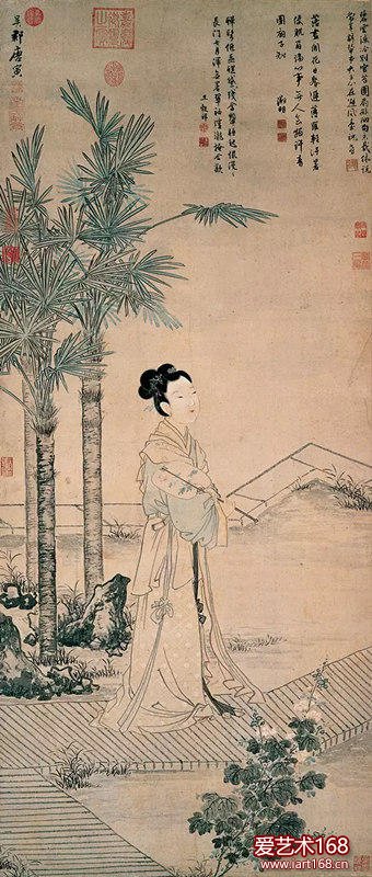 唐寅 画班姬团扇 轴。《画班姬团扇》取材自汉班婕妤的〈怨歌行〉：「常恐秋节至，凉飙夺炎热，弃捐箧笥中，恩情中道绝。