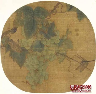 南宋-林椿-葡萄草虫图-纨扇。在国画花鸟画中，葡萄已成为国画大师手下信手捏来的素材。