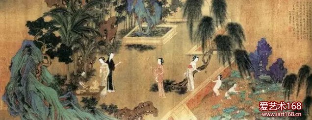 明·仇英《四季仕女图》夏季卷。主要活动是采莲，夏季卷的水面，选用柳树是因为柳树是春夏的代表性植物。夏季卷表現的是白天采莲的情景，画家通过假山、松树、芭蕉树密集的间隔隔开两季，而两季的天空通过树叶的缝隙连接在一起。