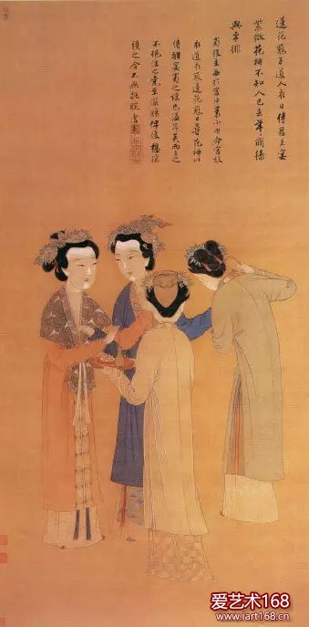 明·唐寅《孟蜀宫妓图》此图笔重彩画宫妓四人，衣着华贵，云髻高耸，头饰花冠。正面两位地位高贵，而背向两位疑是宫婢，正奉酒捧食。图中写宫妓正劝酒作乐，青衣女子似手拿酒盏，正让绿衣女子斟酒，而红衣女子已不胜酒力，正摆手欲止，却被青衣女子挡住。劝、止之间的神态举止被刻画的生动传神。