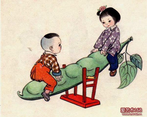 张乐平创作于1959年的儿童画《宝宝唱-大豆荚》。展览共展出张乐平先生从1930年代到1980年代的部分儿童题材作品，涉及漫画、连环画、中国画、素描等，构思新奇、形象细腻，再现了天真烂漫的儿童心理世界。