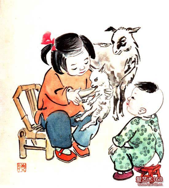 张乐平创作于1950年代的儿童画《小孩与羊羔》。