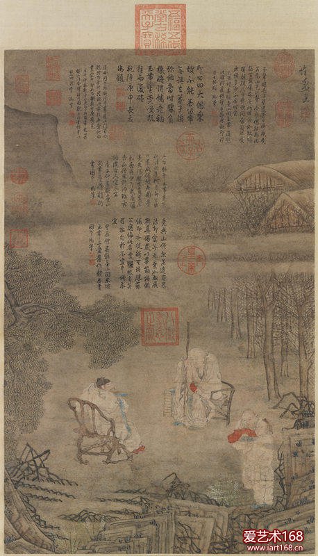 5明　崔子忠　画苏軾留带图。崔子忠（？-1644），字道母，是明末著名的「变形主义」画家，画中如梅枝树石等方折的造型，即为其特色。此作描绘的是苏轼与金山寺僧佛印说偈，输了腰上玉带的故事。画中苏东坡手上所持的蓝色带状物，或许就是崔子忠想像中的玉带。